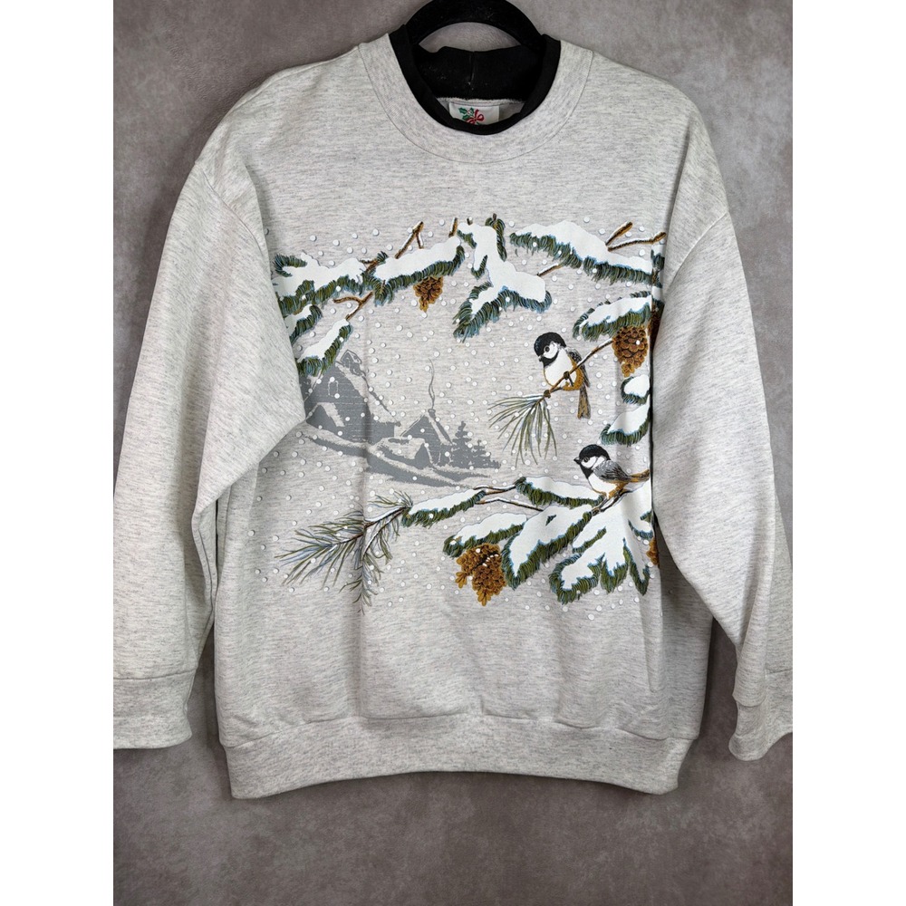 Nutcracker Sweatshirt Women XL Gray Vintage Chickadee Bird Winter Cabin Graphic